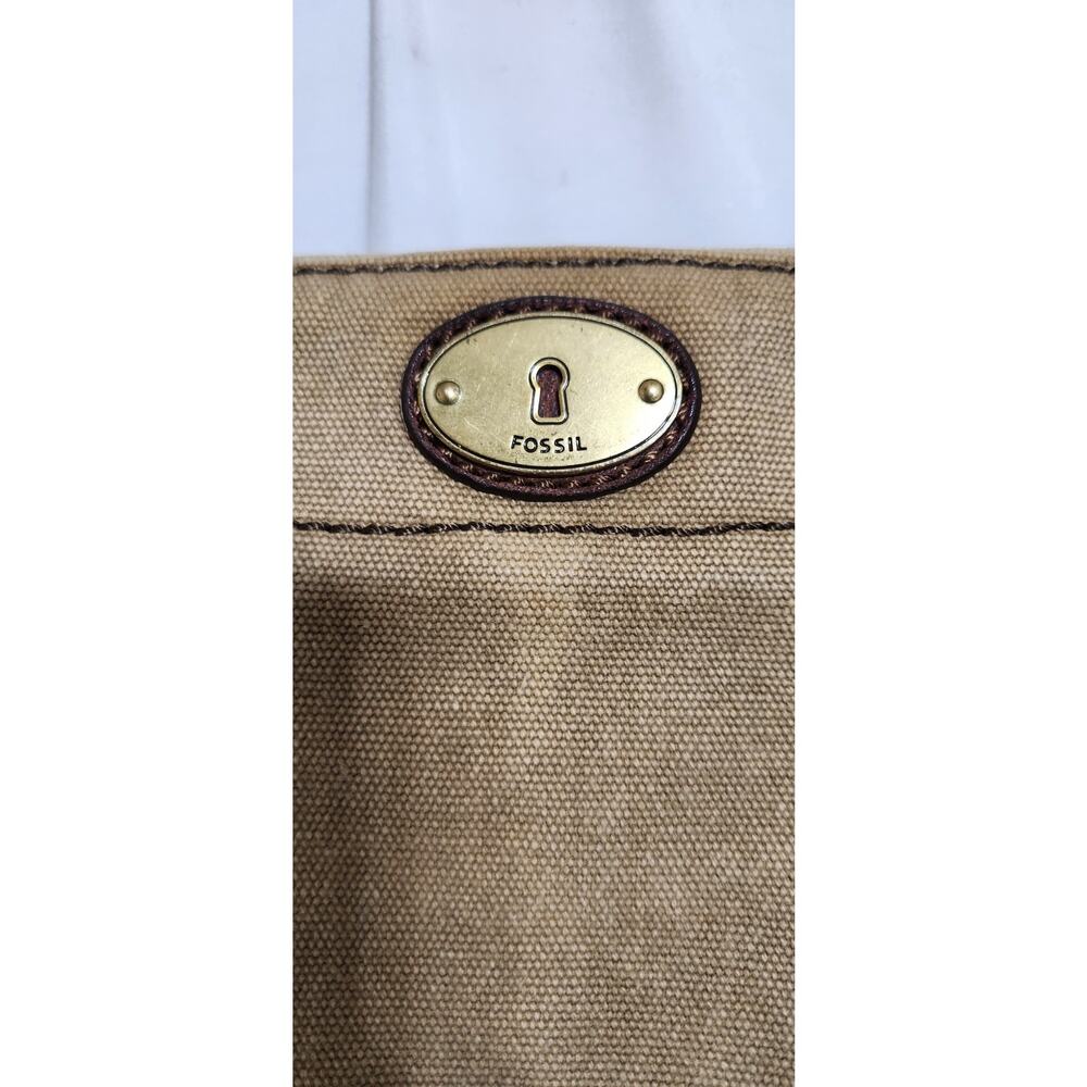 FOSSIL Large Jules Key Tote Tan Canvas Leather Handles Brass Key Tassel - Picture 5 of 13